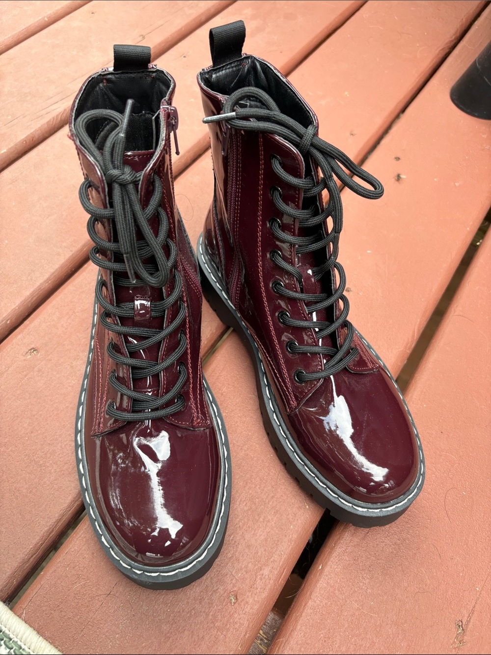 Patent Leather Lace-Up Combat Boots - Burgundy